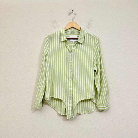 LOLA RIVER Striped Shirt Green White Button Up Tie Roll Tab Sleeve - Picture 3 of 11